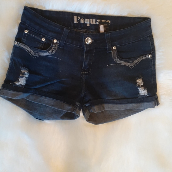 L SQUARE DISTRESSED JEANS SHORT DARK WASH BACK EMBROIDERED POCKETS WOMEN'S SZ 5 - Picture 1 of 8
